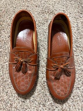 French Shriner sz 11 Men's Brown Woven Leather Tassel Loafers traditional EUC